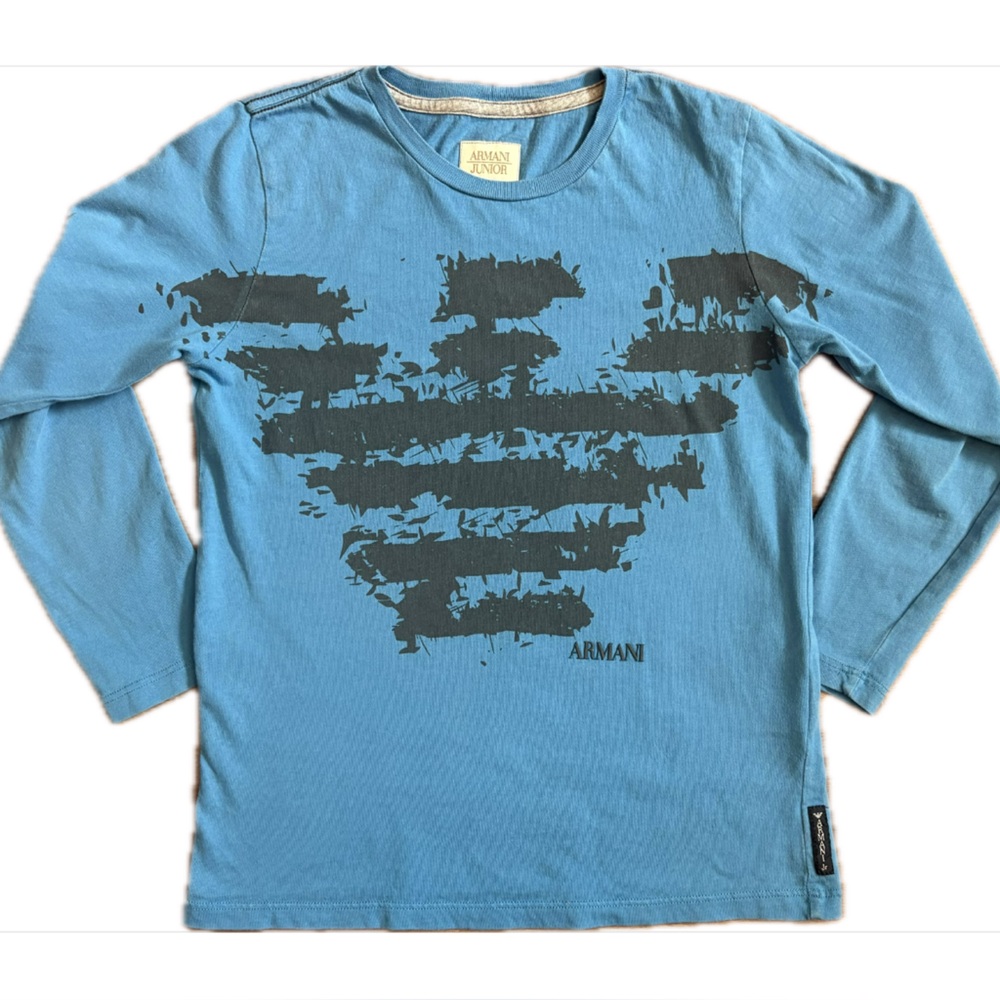 Armani Junior Eagle Graphic Logo Long Sleeve Crew Neck Shirt Boys Size 7 Blue